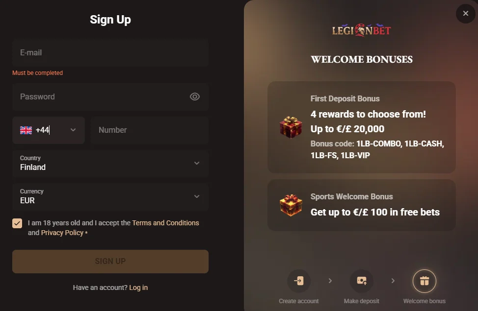 Legionbet registration form with email, password, phone number, country and currency fields, plus welcome bonus offers